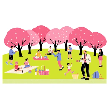 A cherry blossom festival with numerous trees adorned with vibrant pink blossoms in full bloom. The scene includes people of various ages enjoying their time, some sitting on picnic blankets while others are playing games or taking photographs. Colorful picnic baskets filled with food and drinks are spread out on the grass. A few children are running around, laughing and having fun, while adults engage in conversations. The sky is clear and bright, adding to the festive atmosphere.