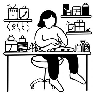 A cartoon girl with straight hair sitting at a craft table. She is focused on making "friendship bracelets" using various colorful threads. The table is cluttered with spools of vibrant thread, scissors, and small beads. She has several completed bracelets displayed on the table, showcasing different patterns and designs. Beside her, there are also a few colorful jars holding different types of beads. The girl is actively threading beads onto the strings, showing her engagement in the craft. The background features a shelf filled with more craft supplies.