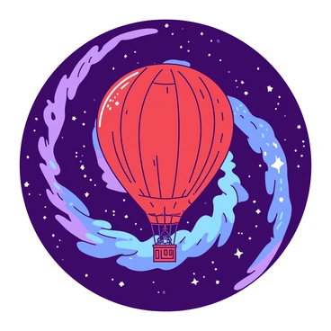 A red hot air balloon with intricate patterns is floating in the vastness of space. The balloon is silhouetted against a stunning spiral galaxy that features swirling arms filled with vibrant stars. The galaxy's colors blend into shades of blue and purple, creating a striking contrast with the balloon. The scene captures the serene yet awe-inspiring moment of the balloon gliding effortlessly among the cosmic backdrop.