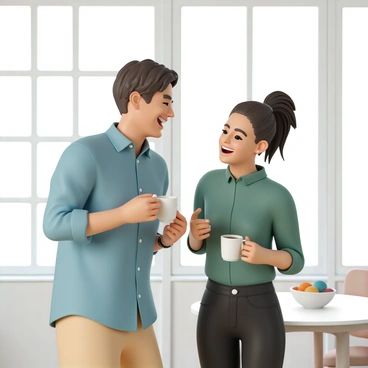 Two coworkers, a man and a woman, are laughing together over coffee in a bright office breakroom. The man has short brown hair and is wearing a blue button-up shirt with rolled-up sleeves and khaki pants. He is holding a white coffee mug with a smile on his face. The woman has long black hair tied in a ponytail and is wearing a green blouse and black jeans. She is leaning slightly forward, holding her own cup, and both are making eye contact with joy. The breakroom has large windows allowing natural light to flood in, and a round table with a bowl of fruit can be seen in the background.
