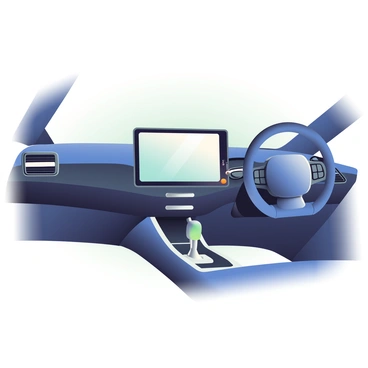 A sleek, modern car dashboard is prominently displayed, featuring a large digital touchscreen at the center. The dashboard has a smooth, minimalist design with clean lines and an array of intuitive controls. Surrounding the touchscreen are elegant leather finishes in a deep black color, complemented by silver accents. The dashboard includes neatly arranged air vents and a stylish gear shift lever. Ambient lighting softly illuminates the edges, enhancing the contemporary feel of the interior. The steering wheel is visible, featuring integrated buttons for added functionality.