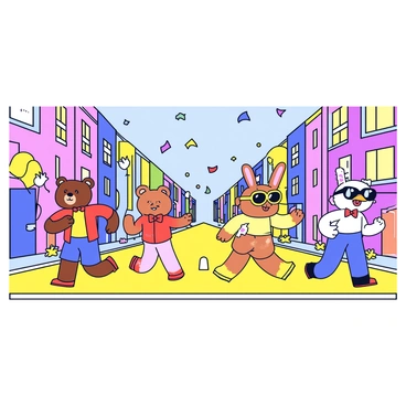 A parade of cartoon characters is marching down a street lined with vibrant, multicolored buildings. The characters include a cheerful bear wearing a red bow tie, a playful rabbit holding a balloon, and a silly duck with oversized sunglasses. Each character has exaggerated features, such as large eyes and wide smiles. There are colorful confetti and streamers falling from the sky, adding excitement to the scene. The pavement of the street is a cheerful yellow, and there are small flowers blooming along the sides.