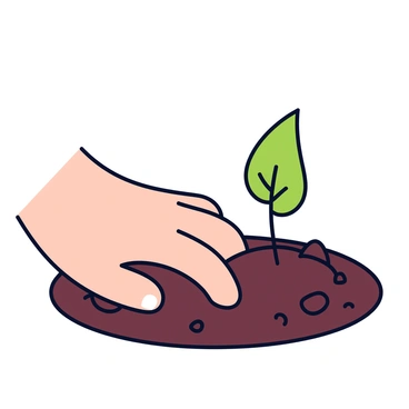 A hand with light skin tones is gently planting a small green sapling into rich, dark soil. The hand is reaching into the earth, fingers slightly curved around the base of the sapling. The soil has a textured appearance, with small clumps and granules visible. The sapling has bright green leaves that contrast with the deep brown color of the soil. A few small pebbles are scattered around the planting area, adding detail to the earth.