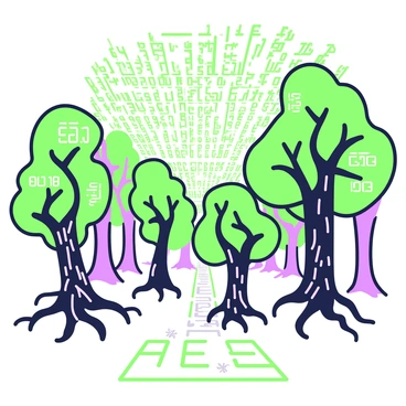 A dense forest filled with trees whose trunks and branches are composed of binary code. The leaves on the trees shimmer like small digital screens, displaying a variety of numbers. The roots of the trees twist and curl into the ground, forming patterns that resemble digital footprints. In the foreground, there is a pathway made of glowing binary characters, leading deeper into the forest. Above, a canopy of interconnected code creates a unique overhead design, filtering light that gives the entire scene a futuristic feel.
