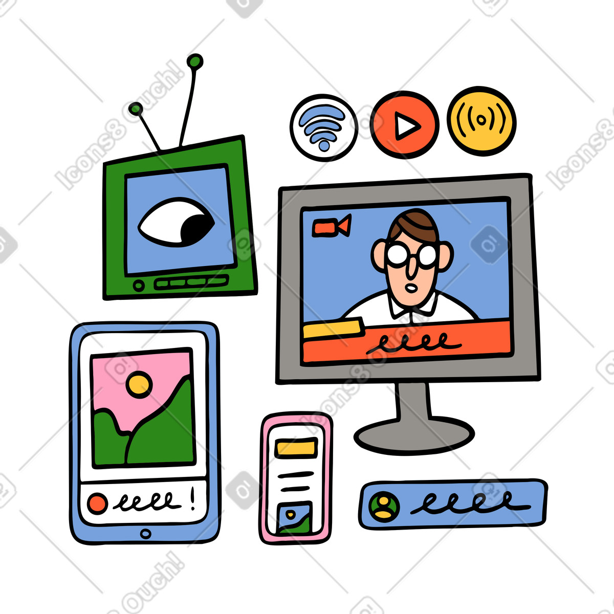 Trasmissione televisiva e social media illustrazione in stile Comic scarica in PNG, SVG