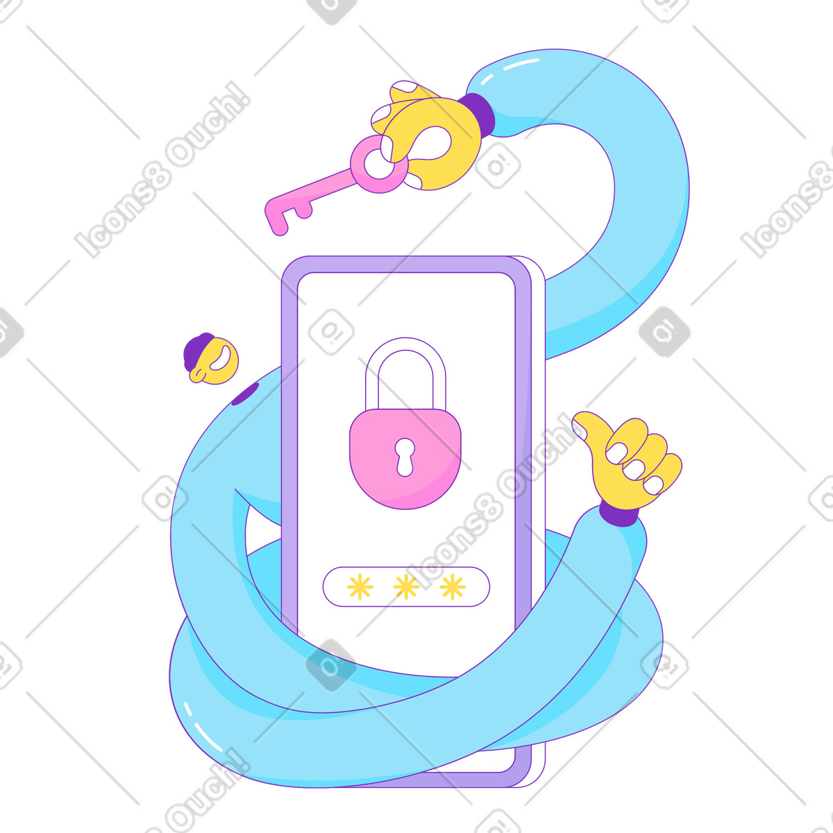 Illustration Guy avec un téléphone portable et une clé dans ses mains le style Elastic à télécharger aux formats PNG, SVG