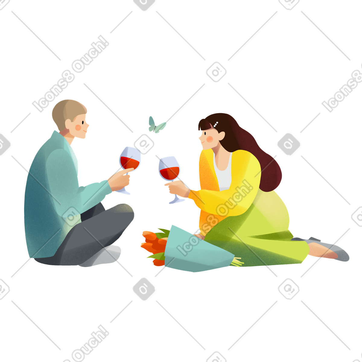 Junge frau und junger mann bei einem romantischen date im park-Illustration in PNG, SVG