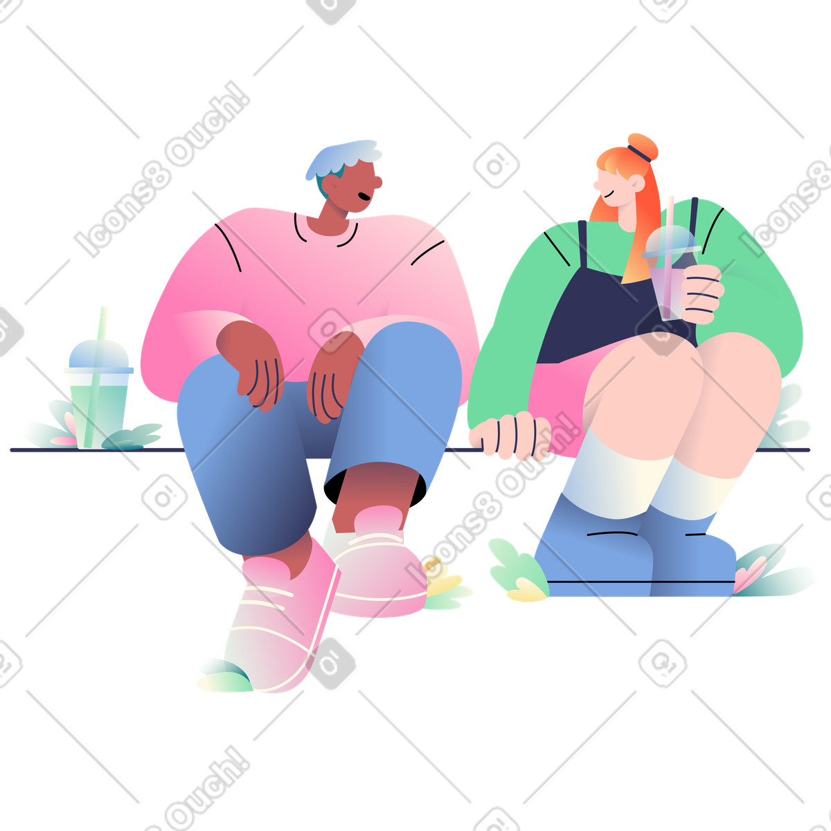 Couple sitting side by with drinks, Romantic meeting in park illustration Beam style download PNG, SVG