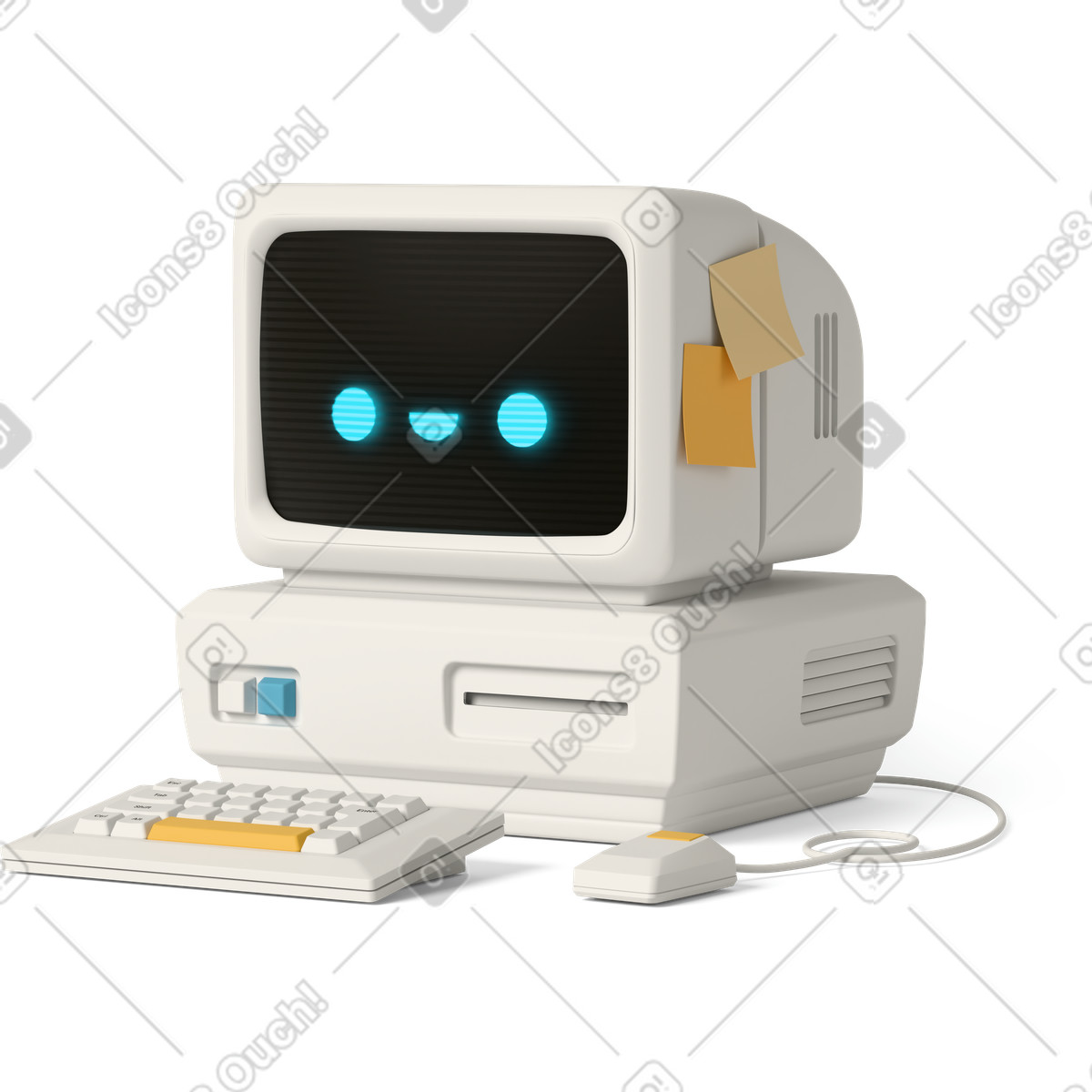 3D Casual life 스타일의 Cute retro computer with sticky notes 일러스트레이션 PNG, SVG 다운로드