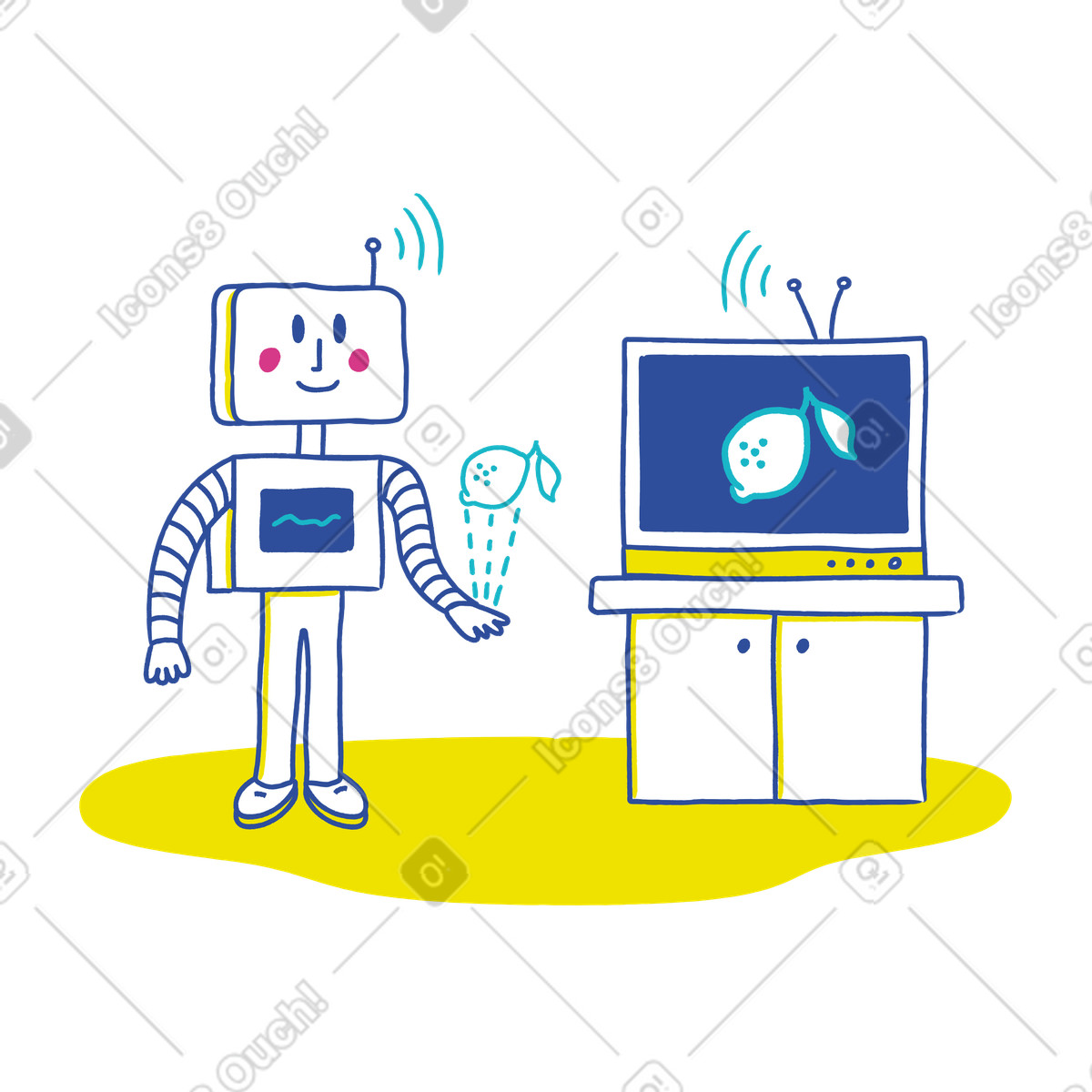 Robot with artificial intelligence learning from tv illustration in Lime style download in PNG, SVG