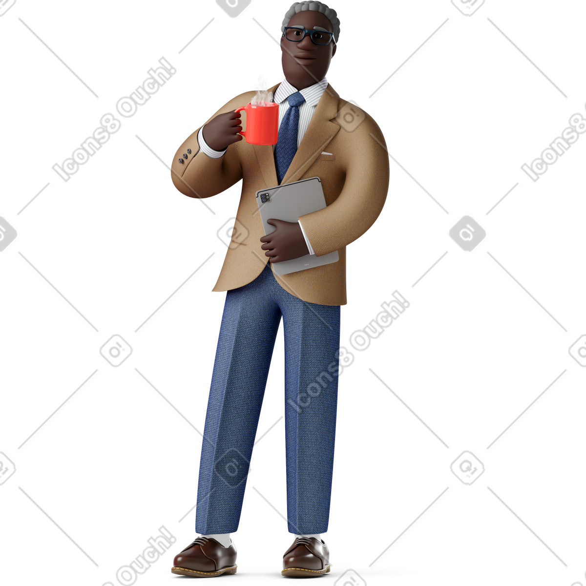 Ilustración Viejo hombre de negocios pie con una taza café y sosteniendo tableta en estilo 3D Business a descargar en PNG SVG