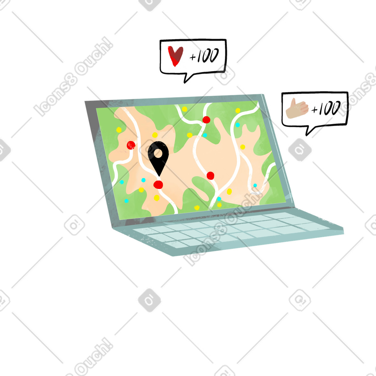 Illustration Ordinateur portable avec carte, code de localisation et likes dans le style Fabulous à télécharger aux formats PNG, SVG