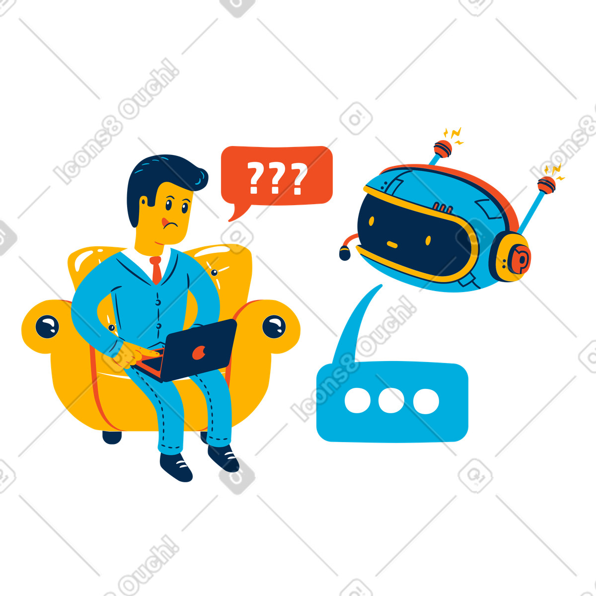 User asking questions to AI assistant, Online help and troubleshooting illustration in PNG, SVG