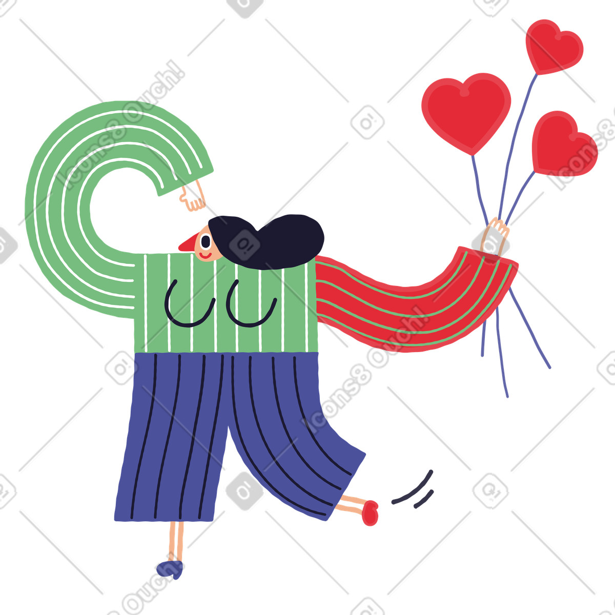 Woman running with heart-shaped balloons illustration in Stripy style download in PNG, SVG