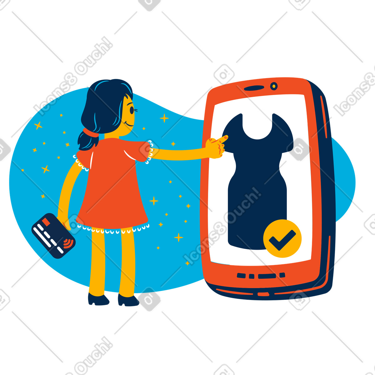 Person selecting dress on smartphone, Online clothing shopping illustrazione in stile Flame scarica in PNG, SVG
