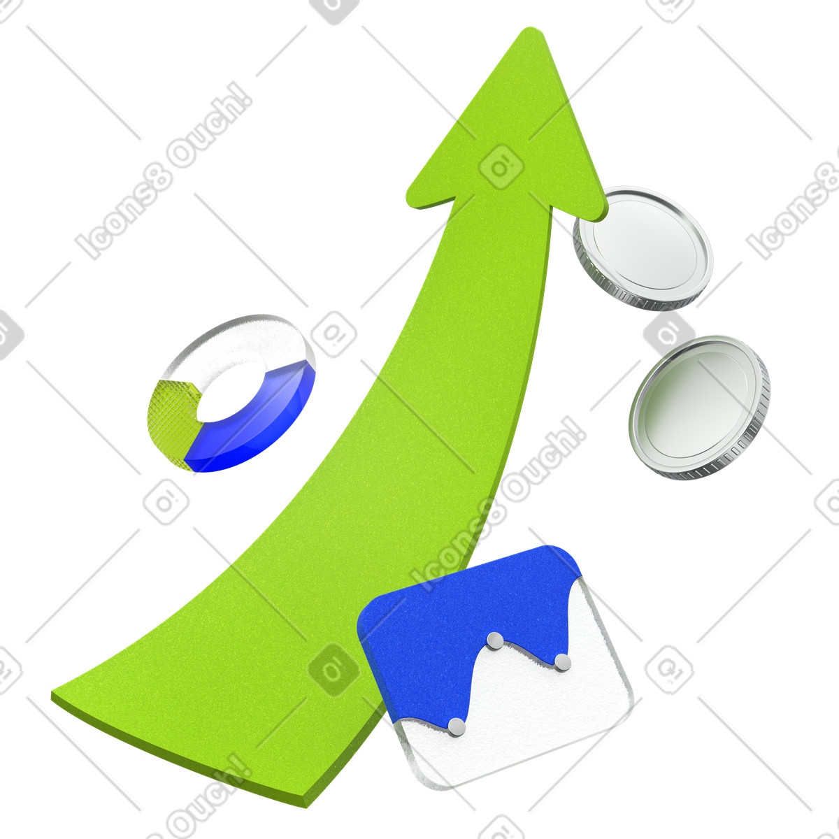 Green arrow with coins and graphs illustration in 3D Enterprise style download in PNG, SVG
