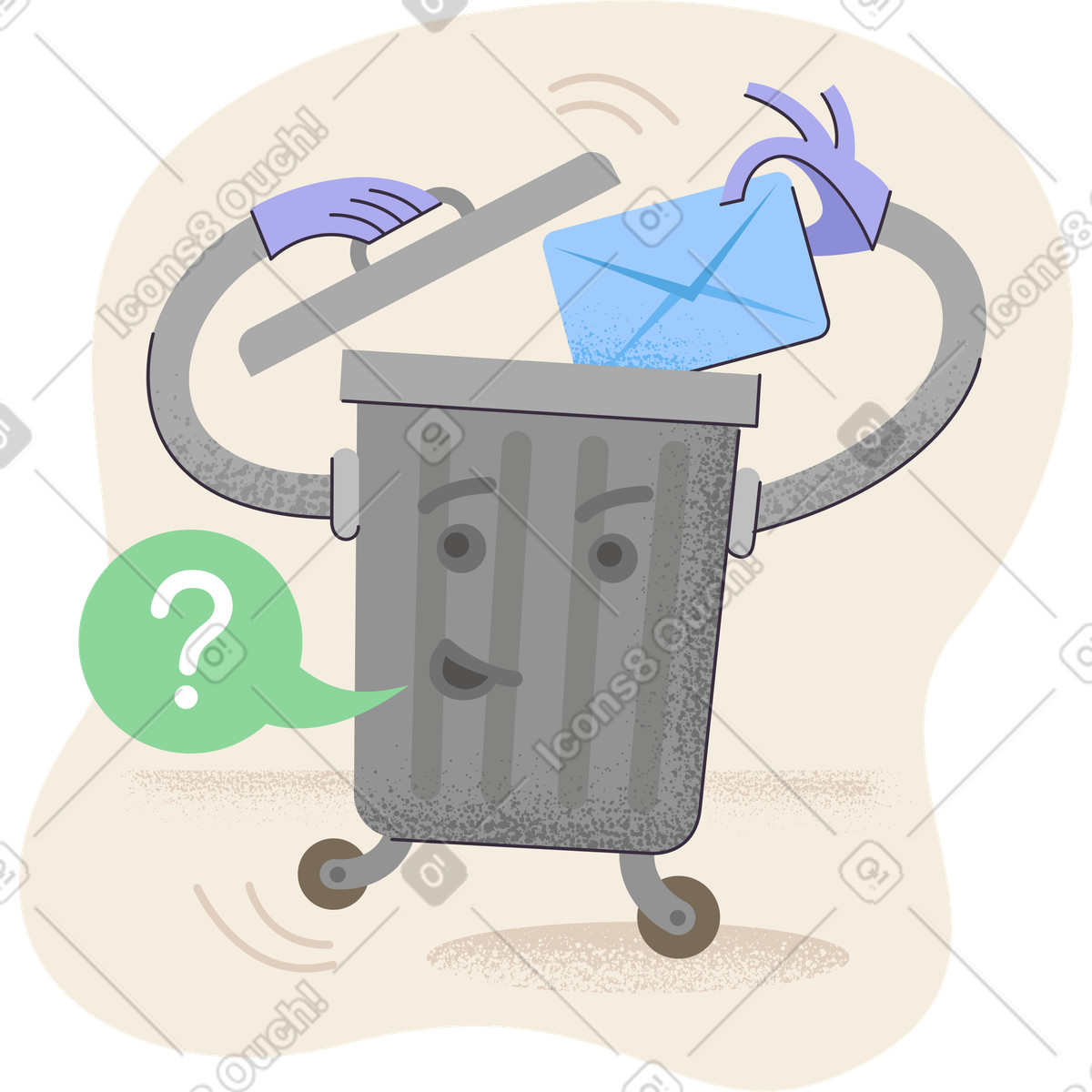 Trash bin with letter and question bubble, Confirmation before deleting illustration in Pale style download in PNG, SVG