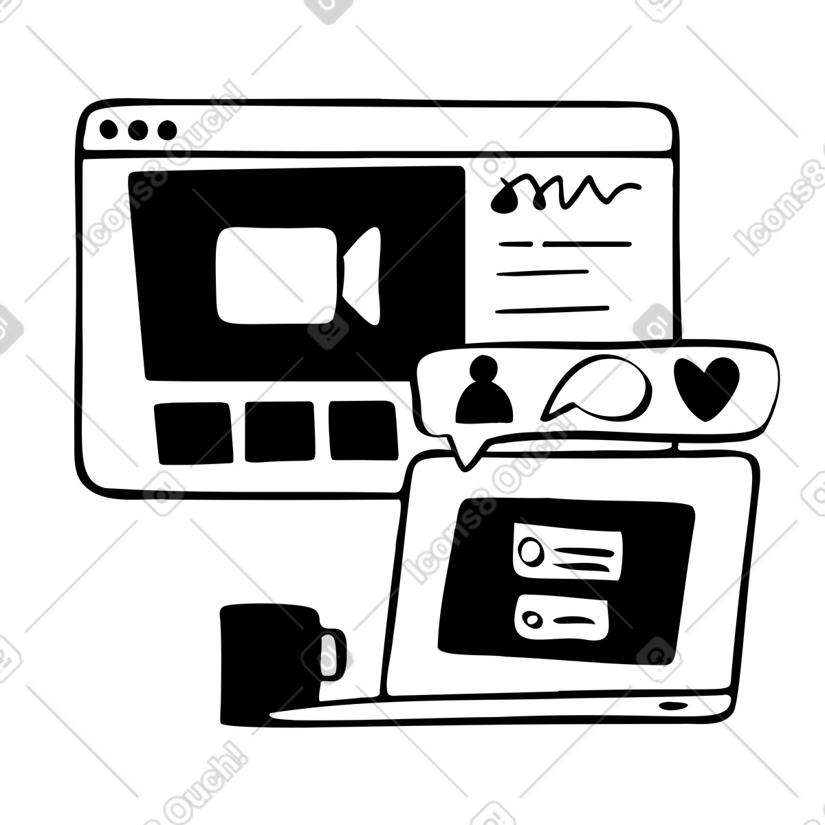 Live streaming and getting reactions on a laptop illustration in Journal style download in PNG, SVG