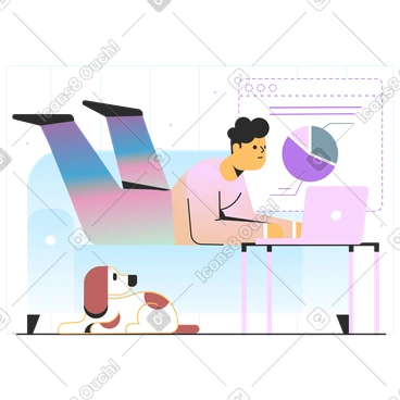 Man lies on the couch and works on a laptop PNG, SVG