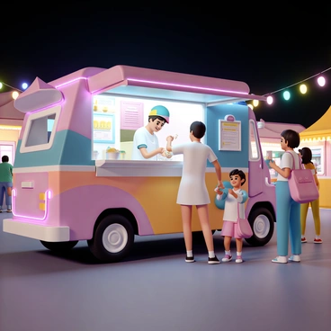 An ice cream van, painted in bright colors, is parked at a bustling night market. The van is adorned with colorful lights that illuminate the area around it. A cheerful vendor, wearing a white apron and a colorful cap, is scooping ice cream from a large freezer. Several customers, including a young boy holding a cone and a woman with a bright pink purse, are waiting in line, excitedly pointing to the menu posted on the side of the van. Behind them, various food stalls and festive decorations help create a lively atmosphere. The night sky is dark, contrasting with the vibrant lights of the van and stalls.