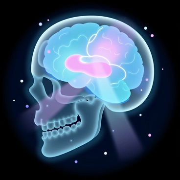 A transparent skull is positioned against a dark background, showcasing the intricate structure of the limbic system inside. The limbic system is highlighted with vibrant colors, creating a striking contrast against the skull. Subtle beams of light illuminate the various components of the limbic system, including the hippocampus and amygdala. The surrounding darkness enhances the glowing effect, emphasizing the beauty of the brain's complex anatomy. Stars are faintly visible in the background, adding a hint of a night sky to the scene.