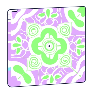 An optical piece is displayed on a wall, designed to create a dynamic visual experience. The piece features intricate patterns and shapes that appear to shift and blend together as the viewer moves. These patterns include swirling lines and geometric shapes that create a sense of depth and motion. The design is symmetrical, with a central focal point that draws the eye in. The overall composition invites the viewer to explore different angles and distances, revealing new details and interactions in the patterns.