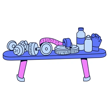 A gym bench is in the center of the image, covered with various weightlifting gear and accessories. There are several dumbbells with shiny metal finishes, each one placed meticulously on the bench. There are also weight plates of different sizes, labeled with their weights in bold numbers. A sturdy resistance band is coiled neatly next to a pair of lifting gloves, which have a textured grip. A water bottle is positioned at the edge of the bench, with a clear view of its label. The overall arrangement is organized, creating a clean and functional look.