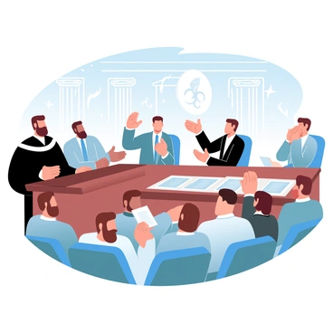A courtroom filled with individuals seated in rows, all engaged in animated discussions. In the foreground, a judge, prominently positioned at the front, is wearing a black robe and looking towards the audience. To one side, a lawyer in a suit is standing beside a table strewn with legal documents, gesturing confidently while addressing the court. Opposite, another lawyer is seated and appears to be reviewing notes intently. Various members of the audience, including men and women in formal attire, are leaning forward with expressions of interest. Large wooden beams and intricately carved details can be seen in the architecture of the courtroom. A large emblem is displayed behind the judge, adding to the formal atmosphere.