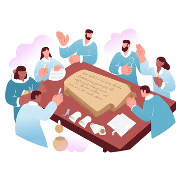 A group of scholars dressed in historical attire is gathered around the "Rosetta Stone." The scholars are intently studying the stone and taking notes on parchment paper. Some of them are holding quills, while others are using magnifying glasses to closely examine the inscriptions. A wooden desk laden with scrolls and ink pots is nearby, adding to the academic atmosphere. The setting has warm gradient pastel colors that create a soft, inviting environment.