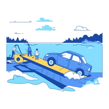 A blue Tata car is being loaded onto a yellow ferry at the edge of a river. The ferry is positioned on the water, with its ramp extended towards the riverbank where the car is approaching. There are a few people supervising the loading process, ensuring safety. In the background, the river is calm, and a few trees are visible along the shoreline. Above, the sky is clear with no clouds, creating a bright and sunny atmosphere.