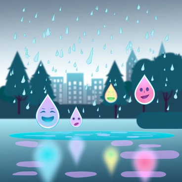 A landscape scene with rain falling from a gray, overcast sky. The raindrops vary in size and shape, each droplet containing a vivid representation of different emotions. Some droplets glow softly with colors like deep blue for sadness, bright yellow for joy, vibrant red for anger, and gentle green for tranquility. The ground reflects these colors, creating a kaleidoscope of emotions on the wet surface. In the background, blurred trees and buildings add depth to the scene, while the focus remains on the intricate details of the raindrops and their emotional expressions.
