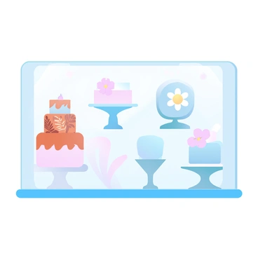 A cake shop window displays an array of beautifully crafted cakes. One cake features intricate designs of "autumn leaves" in warm shades of orange and brown, while another is adorned with delicate "spring flowers" in pastel colors. The cakes are elegantly arranged on decorative stands, with various shapes and sizes visible. Each cake is presented with a subtle sheen, highlighting the attention to detail in the decorations. The window itself is framed by soft lighting that enhances the vibrant colors of the cakes, creating an inviting atmosphere.