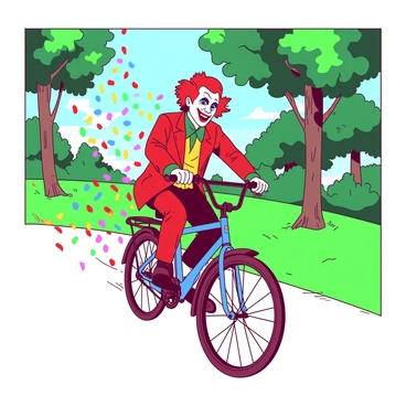 A red joker with a big smile is riding a blue bike through a park filled with green grass and trees. The joker is dressed in vibrant, mismatched clothing and has a playful expression on their face, showcasing bright makeup. Behind the bike, there is a stream of colorful confetti flowing through the air, adding a festive atmosphere to the scene. The sunlight filters through the leaves of the trees, casting playful shadows on the ground as the joker pedals along the path.
