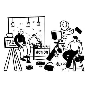 A vintage film crew setting up a scene on an old movie set, with a large camera on a wooden tripod focused on a couple dressed in traditional Bengali attire. The man is wearing a dhoti and kurta, and the woman is in a saree, both surrounded by props, including an ornate wooden chair and a decorative backdrop depicting a rural landscape. Film reels and clapperboards are scattered on the floor, while studio lights hang above, reflecting the atmosphere of a bygone era. The words "Action" are prominently displayed on a clapperboard in front of the camera.