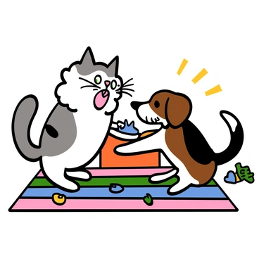 A fluffy cat with its fur standing on end, showing its fluffy white and gray fur, is hissing at a playful dog. The cat has bright green eyes and a small pink nose. The dog is a medium-sized brown and white beagle with big eyes, wagging its tail, and has a playful stance. They are in a living room with a colorful rug underneath them, and there are toys scattered around, depicting a moment of tension between the two animals.