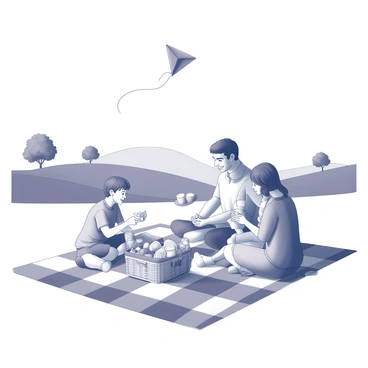 A family of four is sitting on a large checkered picnic blanket spread out on the grass. The parents are smiling as they serve food from a wicker basket, which is filled with sandwiches, fruits, and drinks. The children, a boy and a girl, are sitting cross-legged on the blanket, eagerly reaching for snacks. In the background, rolling hills create a gentle landscape, and a few trees are scattered throughout the field. The sky above is clear and bright, indicating a sunny day. A kite is flying high, held by the father, adding to the cheerful atmosphere of the picnic.
