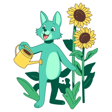 A teal Dobby is standing in a field of tall yellow sunflowers, surrounded by vibrant green leaves. He is holding a small yellow watering can in his hands, tilting it slightly as if about to water the flowers. A broad smile is on his face, showcasing his cheerful demeanor. The sunflowers tower above him, their bright yellow petals reaching towards the sky with dark centers. The scene is filled with a feeling of joy as Dobby tends to the blooming flowers around him.