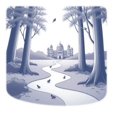 A winding forest path is visible, leading towards a large, grand building, identified as "Bangalore Palace." The path is bordered by towering trees with thick trunks and abundant foliage. The ground is covered with a carpet of leaves and small twigs, indicating a natural, untouched environment. Alongside the path, various birds can be seen perched on branches, some in mid-flight, captured in the act of chirping. The atmosphere indicates a peaceful, serene setting, inviting the viewer to follow the path to the majestic palace.