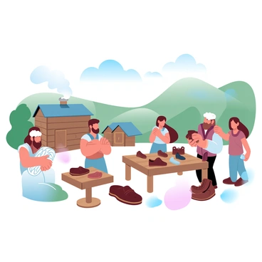 A remote village scene is depicted with a group of villagers gathered in an open area. One villager is holding a bundle of wool, while another is displaying crafted leather goods such as bags and shoes. Nearby, there are wooden tables displaying various leather items, with some villagers examining them closely. A rustic backdrop features simple wooden houses, with smoke rising from chimneys. Green hills and a clear sky are visible in the distance, enhancing the peaceful atmosphere of the village.