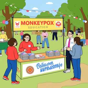 A vibrant community event taking place in a sunny outdoor park. In the foreground, there is a colorful booth with a bright banner that reads "Monkeypox Education." The booth is decorated with eye-catching graphics and visuals related to health awareness. Friendly volunteers stand behind the table, smiling and engaging with attendees. The table is covered with stacks of informative pamphlets in various colors, neatly arranged for easy access. A few attendees, including a woman with curly hair and a man wearing glasses, are interacting with the volunteers, asking questions and picking up pamphlets. Surrounding the booth are cheerful decorations like balloons and streamers, creating a welcoming atmosphere. In the background, people are enjoying the event, including families and children playing games.