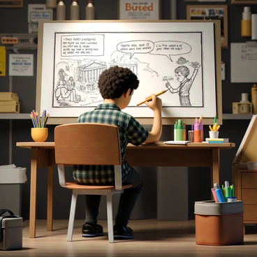 A cartoonist sitting at a wooden desk, focused on sketching with a pencil on a large sheet of paper. The room is cluttered with various art supplies, including colored markers and stacks of paper. The cartoonist has short, curly hair and is wearing a plaid shirt. A humorous cartoon depicting a comical situation related to a government issue is partially visible on the paper. There is a light source illuminating the scene, highlighting the cartoonist’s concentrated expression as they add details to their work.