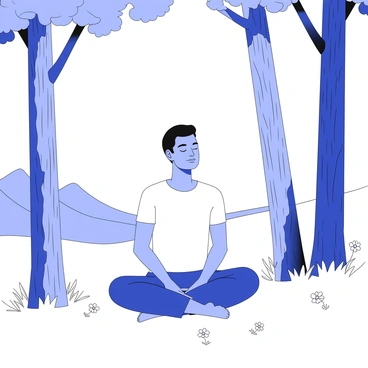 A person is seated in a balanced lotus position on a patch of grass in nature. The individual has their hands resting on their knees, with palms facing upward. They have closed their eyes, showing a calm expression on their face. Surrounding them are tall trees with textured bark, their leaves rustling gently in the breeze. In the background, there are distant hills and a clear sky. The sunlight filters through the branches, creating patterns of light and shadow on the ground. There are small wildflowers dotting the grass around the person, enhancing the natural setting.