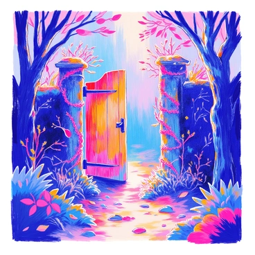 A gate made of weathered wood stands tall, shrouded in thick, overgrown thorny vines that twist and curl around its frame. The gate is partially ajar, revealing glimpses of the darkness beyond. The setting is a dark forest clearing, with tall, shadowy trees surrounding the area, their branches intertwining and blocking out most of the light. The ground is covered with fallen leaves and small, tangled underbrush, adding to the dense atmosphere. Mist swirls around the base of the gate, enhancing the mysterious ambiance of the scene.