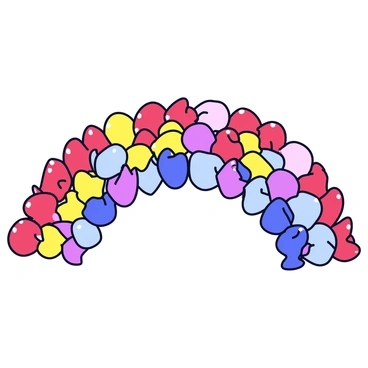 A rainbow arching across the sky, formed entirely from a spectrum of differently colored shells. The shells vary in shape and size, creating an intricate pattern of colors ranging from deep red to vibrant violet. Each shell is distinct, showcasing textures like smooth, shiny surfaces and rough, ridged edges. The rainbow is set against a simple white background to highlight the vivid colors of the shells.