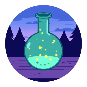 A teal glass flask is filled with glowing yellow fireflies, their light illuminating the inside of the flask. The flask is placed on a wooden table with a textured surface. The background features a twilight sky, blending deep blue and purple hues as the sun sets. Silhouettes of trees can be seen in the distance, framing the scene. The fireflies appear to be gently swirling inside the flask, creating a magical atmosphere.
