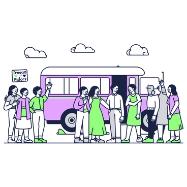 A group of Freedom Riders is gathered at a bus station, preparing to board a bus. They stand in a semi-circle, smiling and waving goodbye to friends and supporters. Each rider is dressed in 1960s attire, with some wearing button-up shirts and others in casual dresses. A large grey bus is parked beside them, with its door open and the driver standing nearby. In the background, there are a few onlookers holding placards, conveying messages of support. The sky above is clear, with a few scattered clouds.
