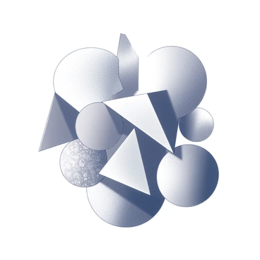 A variety of geometric shapes including triangles, circles, and squares, are overlapping in a complex arrangement. The shapes are arranged at different angles and sizes, creating a sense of depth and movement. Some shapes feature intricate patterns or textures on their surfaces, while others are plain. The composition covers the entire frame, drawing the eye across the differing forms and their intersections. The overlapping areas create a dynamic interplay of negative space.