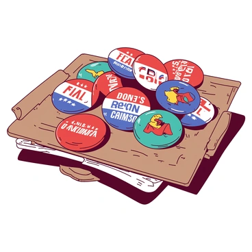 A collection of round campaign buttons in various sizes displayed on a wooden table. The buttons feature vibrant graphics with bold text and images, showcasing slogans from different political eras. Some buttons are predominantly red with white lettering, while others are a mix of blue and yellow, or teal and orange. Each button has a shiny finish, reflecting light and enhancing their colorful appearance. The arrangement is casual, with a few buttons overlapping slightly, capturing the essence of a dynamic political history.