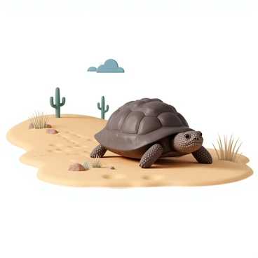 A desert tortoise, with a rugged, dark brown shell featuring distinct patterns, is slowly making its way across a sandy path. The tortoise's legs are partially extended, leaving small imprints in the golden sand. Surrounding the path are sparse patches of dry grass and small desert rocks. The sunlight casts soft shadows on the sand, highlighting the tortoise's textured skin and the contours of its shell. In the distance, there are a few cacti standing tall against a clear blue sky.
