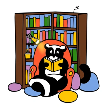 A skunk with black and white fur sitting comfortably in a cozy library corner. The skunk is holding an open book with tiny paws, gazing intently at the pages. There is a small lamp beside the skunk, casting a warm glow over the reading area. The corner is filled with tall bookshelves lined with colorful books and a plush armchair where the skunk is seated. A few scattered cushions are on the floor, adding to the cozy atmosphere.